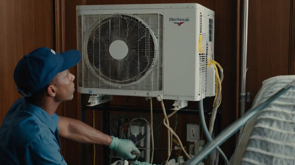 Hotel maintenance worker fixing an air conditioning unit