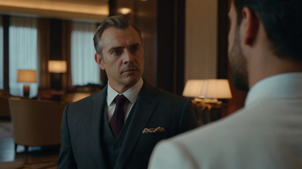 Hotel manager listening attentively to a guest, body language showing empathy, upscale hotel background