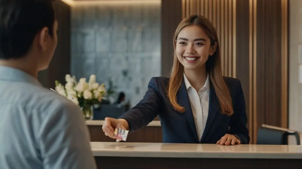 Essential Advanced English Phrases for Hotel Etiquette 3 Hotel receptionist handing a key card to a smiling guest at a modern check-in counter, soft focus background