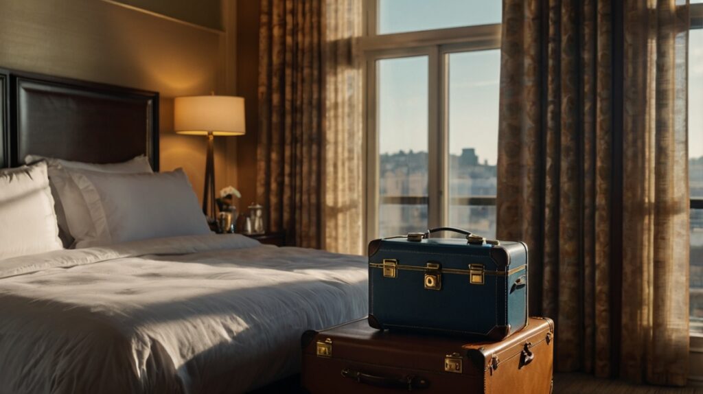 Hotel room clock showing 2:00 PM, suitcase partially packed on bed, sunlight through window.