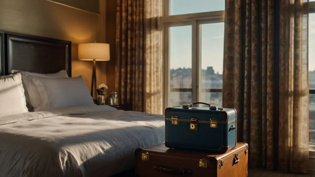 Essential Advanced English Phrases for Hotel Etiquette 6 Hotel room clock showing 2:00 PM, suitcase partially packed on bed, sunlight through window.