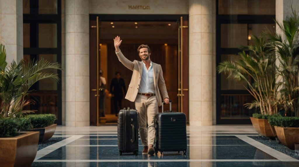 Satisfied guest leaving a luxury hotel, staff waving goodbye, luggage in hand, bright natural lighting