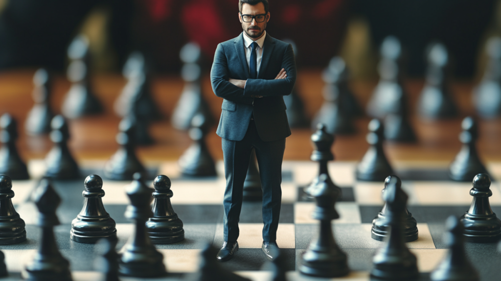 A man in a suit standing on a chessboard