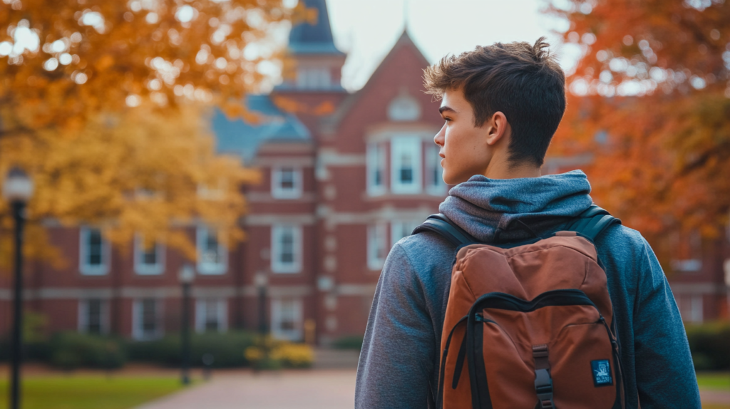 Advanced English Conversations with a student standing infront of a college