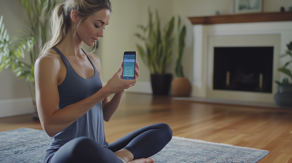 A woman holding a phone using her habit tracker app