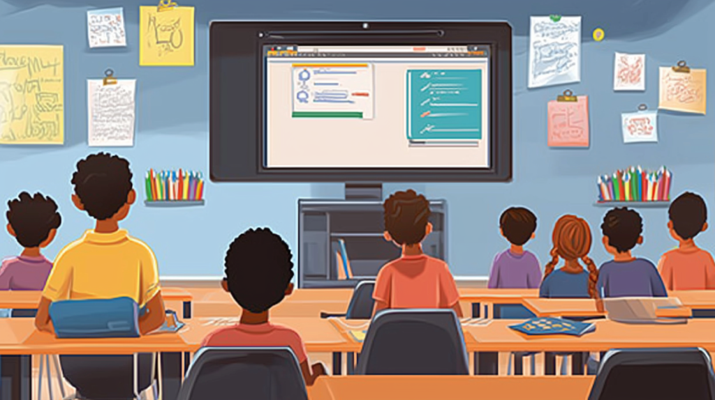 Children in a classroom watching an online class