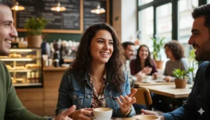 A confident English learner in a lively café conversation, smiling naturally, photorealistic,