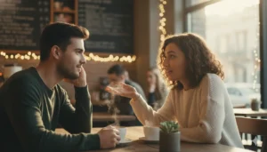 Two friends talking at a coffee shop, one gesturing to make a point while the other listens attentively, warm lighting, photorealistic