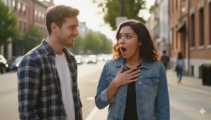 A person with a genuinely surprised expression reacting to news from a friend, mouth open in disbelief, outdoor street setting, photorealistic