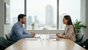 A thoughtful person pausing mid-conversation with a hand on chin, considering their response carefully, casual office environment, photorealistic