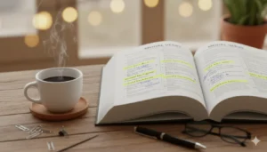 A grammar textbook open next to a coffee cup with highlighted phrases and handwritten notes, study desk, photorealistic