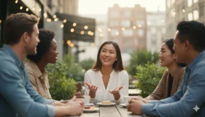 A confident ESL learner smiling warmly while speaking fluently in a group conversation, diverse group of friends outdoors, photorealistic