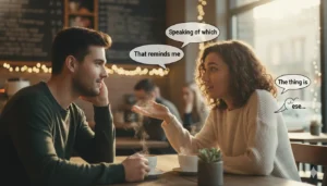 Speech bubbles showing 'Speaking of which', 'That reminds me', and 'The thing is' floating above two people in casual conversation, photorealistic