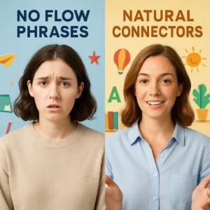 A split-screen comparison set against a bright, vibrant educational backdrop, with a warm and inviting atmosphere, showcasing two English speakers with contrasting demeanors. 