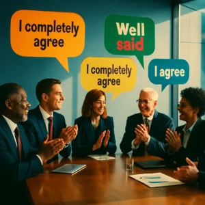 Business meeting scene with people nodding and using agreement gestures, speech bubbles showing agreement phrases, professional office setting