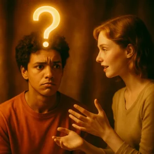 Two people in respectful discussion showing different viewpoints, one gesturing thoughtfully while the other listens, calm debate atmosphere