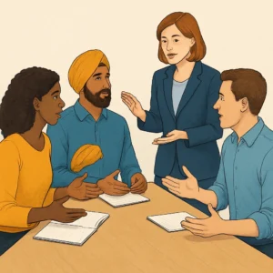 Diverse group sharing different opinions in a discussion circle, thought bubbles showing various perspectives, respectful dialogue atmosphere