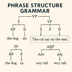 Grammar diagram showing flow phrase structures with connecting arrows and example sentences, educational infographic style