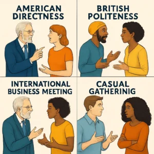 Split screen showing different cultural conversation styles - American directness, British politeness, international business meeting, casual social gathering