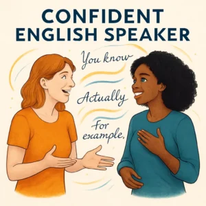 Confident English speaker in natural conversation using flow phrases smoothly, bright positive atmosphere showing communication success, transformation from hesitant to fluent