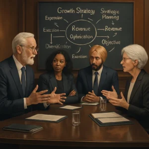 Senior executives in high-level strategic meeting using advanced flow phrases, sophisticated boardroom setting, leadership communication in action