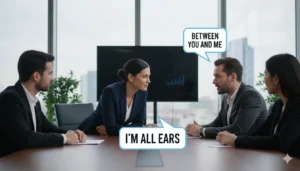 A modern office lounge setting where two colleagues are chatting warmly over coffee; one is gesturing while explaining something, the other is listening intently.