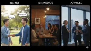A split-screen composition showing three diverse social scenarios: a friendly handshake in a park (beginner), a lively discussion at a coffee shop (intermediate), and a professional networking event in a modern office