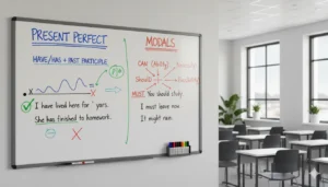 A whiteboard with grammar diagrams explaining "Present Perfect" and "Modals" with colorful markers, set in a bright classroom environment.