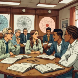 A diverse group of advanced English learners engaged in animated intellectual discussion in a university seminar room, with complex diagrams and academic materials visible, representing advanced conversation skills