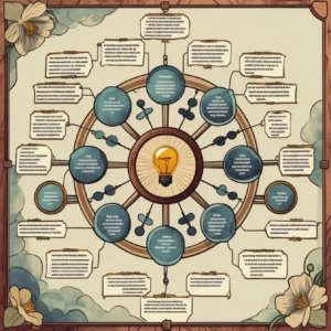 An advanced English vocabulary infographic showing complex academic terms and sophisticated discussion phrases, designed in a modern educational style with interconnected concepts