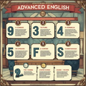 An infographic displaying the nine essential advanced English phrases with examples and usage contexts, designed in a professional educational style