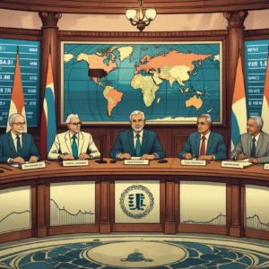 International economic policy experts in a formal meeting room with global financial data, currency charts, and economic indicators displayed, representing sophisticated economic discourse