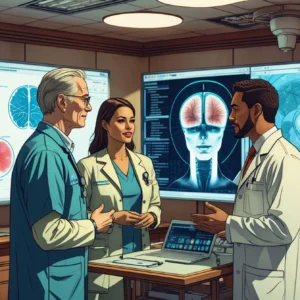 Medical professionals and AI ethics experts in a high-tech healthcare setting, discussing AI diagnostic systems with medical imaging and ethical frameworks visible, representing sophisticated medical-technical discourse