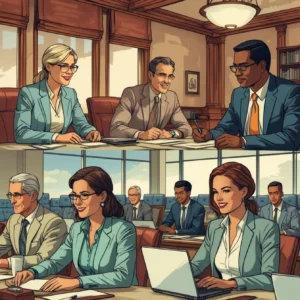 Professionals using advanced English in various business settings including boardrooms, international conferences, and technology companies
