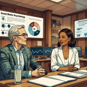 Two researchers in a modern academic setting discussing social media psychology research, with data visualizations and mental health statistics displayed on screens, representing sophisticated academic discourse